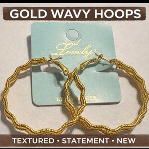 Gold Textured Wavy Hoop Earrings Trio Statement Lightweight New and Lovely